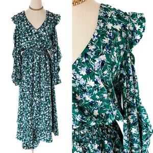 MISA Los Angeles Floral Ruffle Open Sleeve Tiered Maxi Dress green size medium M